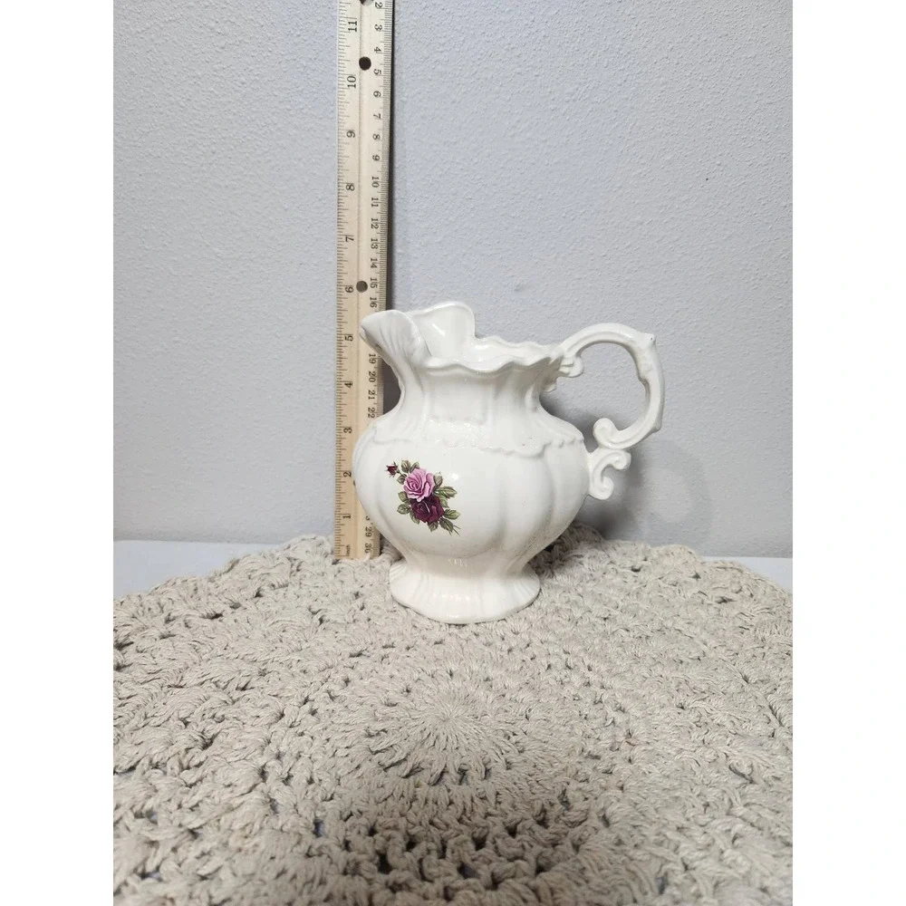 Vintage Cream Ceramic Floral Pitcher Purple Rose Decorative Vase Scalloped Rim
